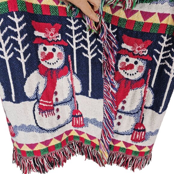Vtg Tapestry Christmas Snowman Sweater Vest L Fringe Artsy Teacher Holiday - Picture 4 of 6